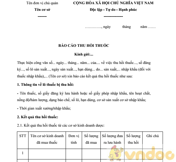 Báo cáo thu hồi thuốc