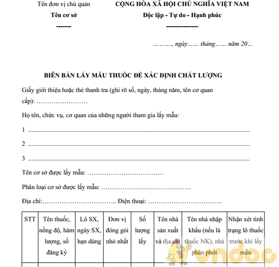 Biên bản lấy mẫu thuốc để xác định chất lượng