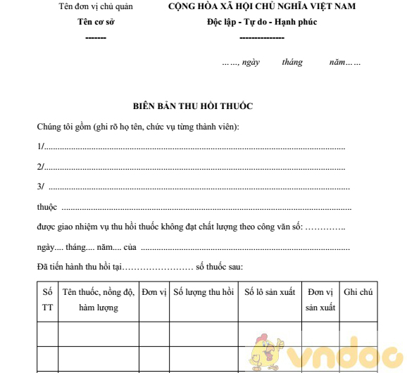 Mẫu biên bản thu hồi thuốc