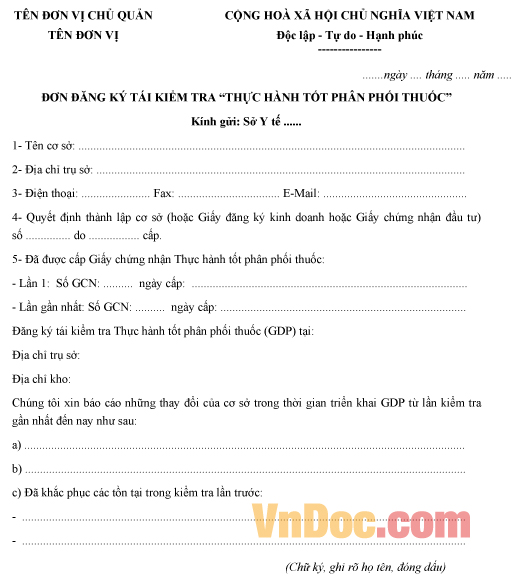 Mẫu đơn xin được đăng ký tái kiểm tra thực hành tốt phân phối thuốc