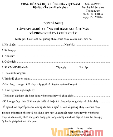 Mẫu đơn xin cấp, cấp lại chứng chỉ hành nghề tư vấn phòng cháy chữa cháy