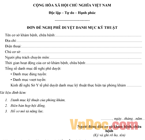 Mẫu đơn xin phê duyệt danh mục kỹ thuật