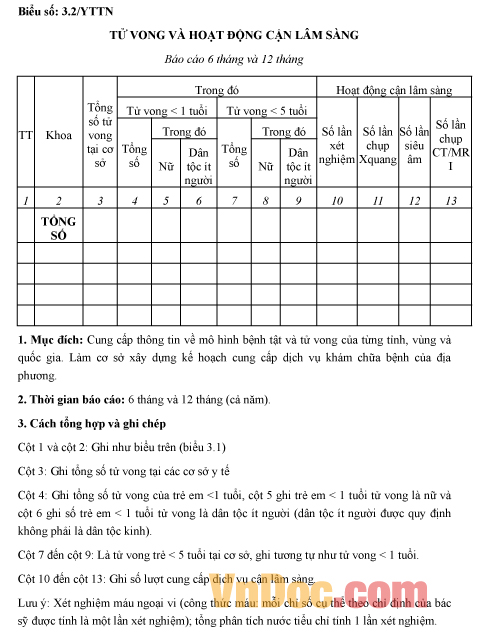Mẫu báo cáo tình hình tử vong và hoạt động cận lâm sàng