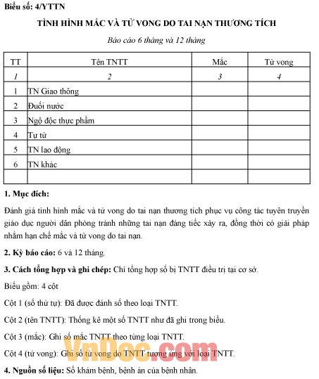 Mẫu báo cáo tình hình mắc và tử vong do tai nạn thương tích