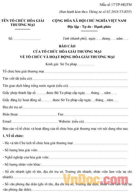 Mẫu báo cáo của tổ chức hòa giải thương mại về tổ chức, hoạt động hòa giải