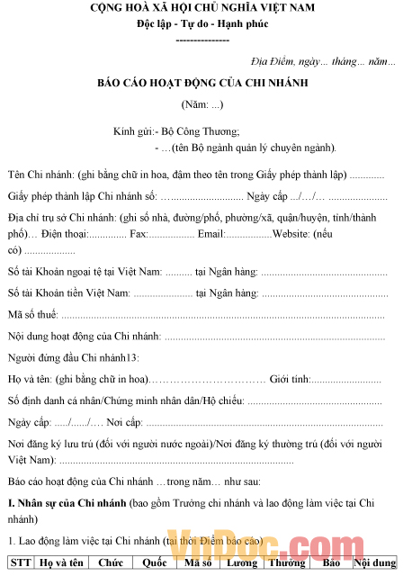 Mẫu báo cáo về hoạt động của chi nhánh của thương nhân nước ngoài
