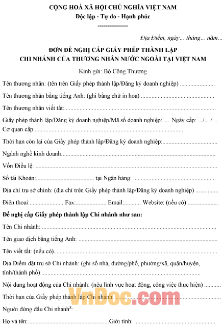Mẫu đơn xin cấp giấy phép thành lập chi nhánh của thương nhân nước ngoài