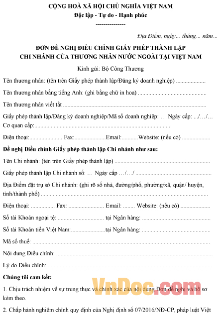 Mẫu đơn xin điều chỉnh giấy phép thành lập chi nhánh của thương nhân nước ngoài