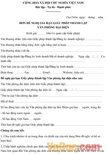 Mẫu đơn xin gia hạn giấy phép thành lập văn phòng đại diện