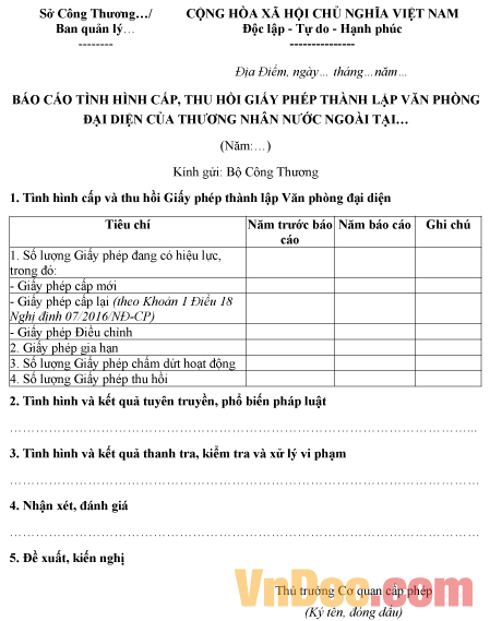 Mẫu báo cáo tình hình cấp, thu hồi giấy phép thành lập văn phòng đại diện của thương nhân nước ngoài tại Việt Nam