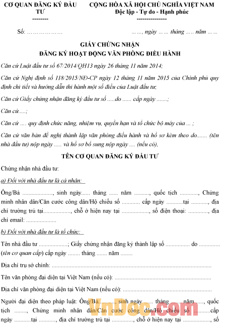 Mẫu giấy chứng nhận đăng ký hoạt động văn phòng điều hành đầu tư