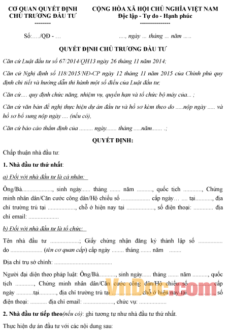 Mẫu quyết định về việc chủ trương đầu tư