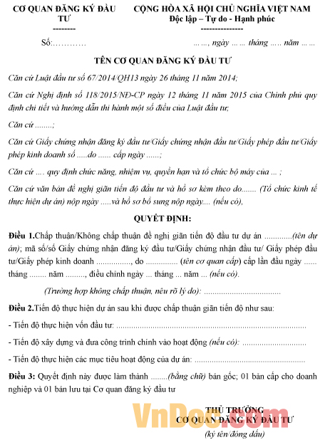 Mẫu quyết định về việc giãn tiến độ đầu tư