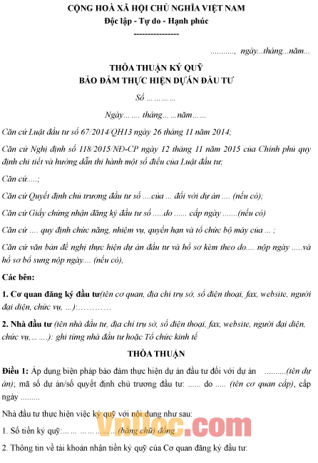 Mẫu giấy thỏa thuận về việc ký quỹ bảo đảm thực hiện dự án đầu tư