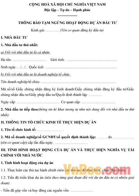 Mẫu thông báo về việc tạm ngừng hoạt động dự án đầu tư