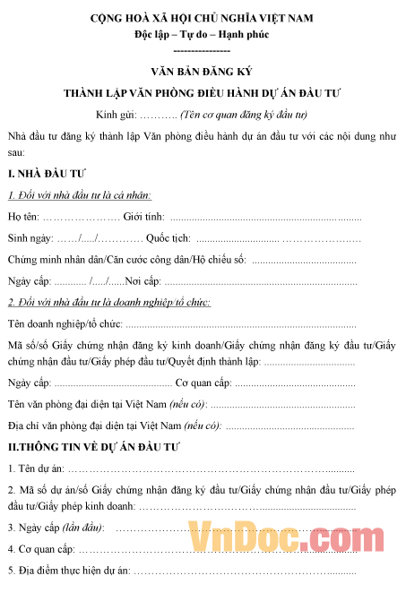 Mẫu văn bản về việc đăng ký thành lập văn phòng điều hành dự án đầu tư