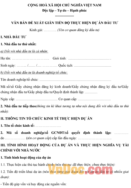 Mẫu văn bản đề xuất về việc giãn tiến độ thực hiện dự án đầu tư
