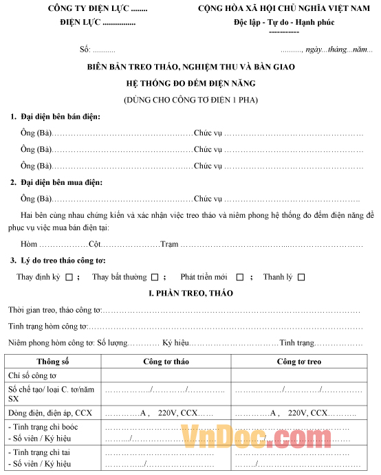Mẫu biên bản treo tháo công tơ điện 1 pha