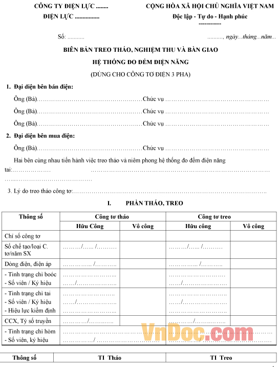 Mẫu biên bản treo tháo công tơ điện 3 pha