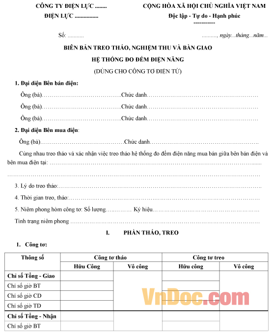 Mẫu biên bản treo tháo công tơ điện 3 pha