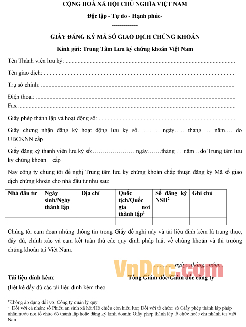 Mẫu giấy đăng ký về mã số giao dịch chứng khoán