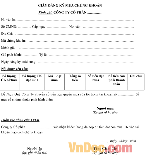 Mẫu giấy đăng ký mua chứng khoán phát hành