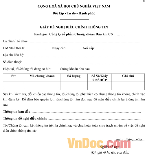 Mẫu giấy đề nghị về việc điều chỉnh thông tin cổ đông