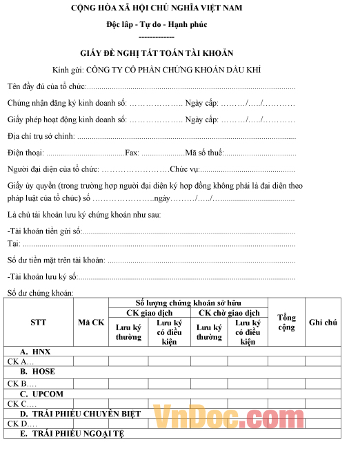 Mẫu giấy đề nghị tất toán tài khoản chứng khoán của tổ chức