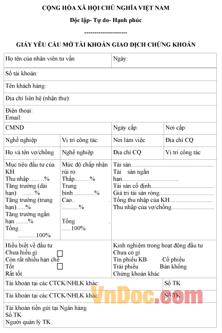 Mẫu giấy yêu cầu mở tài khoản giao dịch chứng khoán của cá nhân