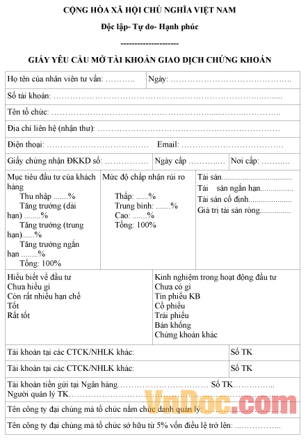 Mẫu giấy yêu cầu mở tài khoản giao dịch chứng khoán của tổ chức