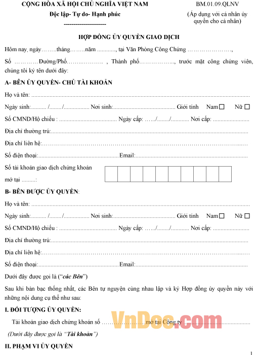 Mẫu hợp đồng ủy quyền giao dịch chứng khoán cho cá nhân