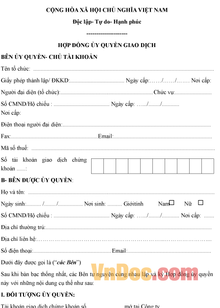 Mẫu hợp đồng ủy quyền giao dịch chứng khoán cho tổ chức