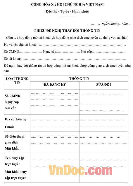 Mẫu phiếu đề nghị thay đổi thông tin chứng khoán của cá nhân