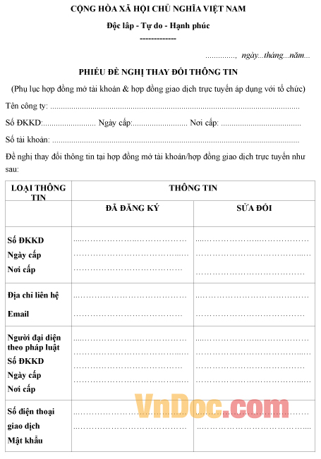 Mẫu phiếu đề nghị thay đổi thông tin chứng khoán của tổ chức