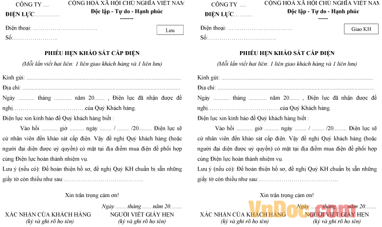 Mẫu phiếu hẹn khảo sát cấp điện sinh hoạt