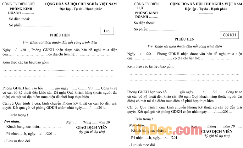 Mẫu phiếu hẹn khảo sát thỏa thuận đấu nối