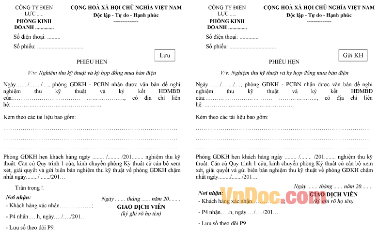 Mẫu phiếu hẹn về việc nghiệm thu kỹ thuật và ký hợp đồng mua bán điện