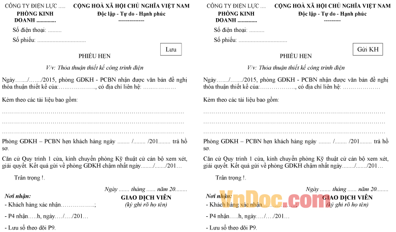 Mẫu phiếu hẹn thỏa thuận thiết kế