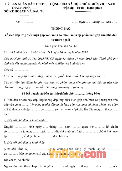 Mẫu thông báo về việc đáp ứng điều kiện góp vốn của nhà đầu tư nước ngoài