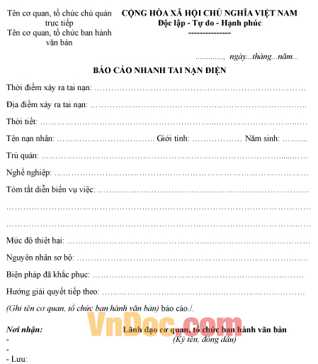 Mẫu báo cáo nhanh vụ việc tai nạn điện