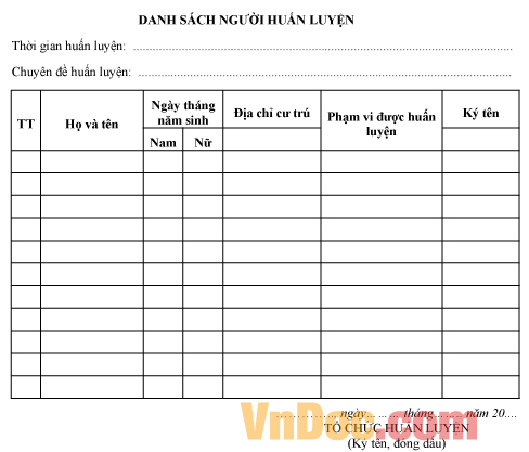 Mẫu danh sách người huấn luyện