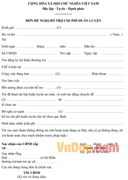 Mẫu đơn đề nghị hỗ trợ chi phí huấn luyện an toàn vệ sinh lao động