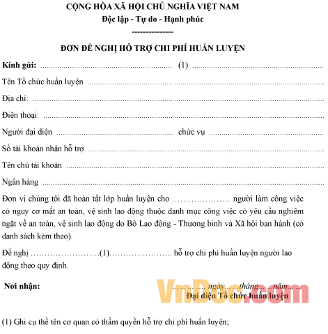 Mẫu đơn đề nghị hỗ trợ chi phí huấn luyện an toàn vệ sinh lao động cho tổ chức