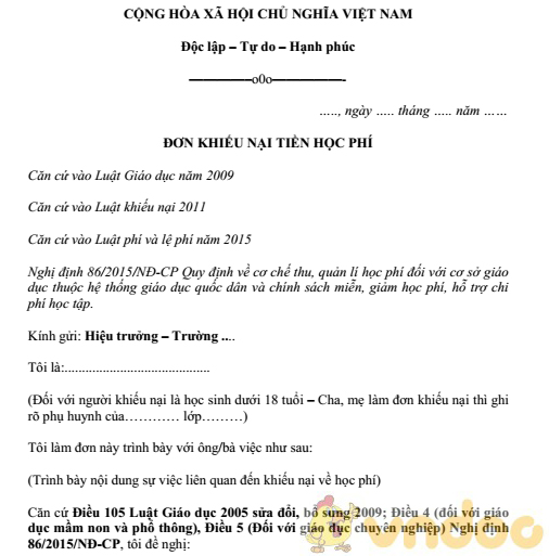 Mẫu đơn khiếu nại tiền học phí