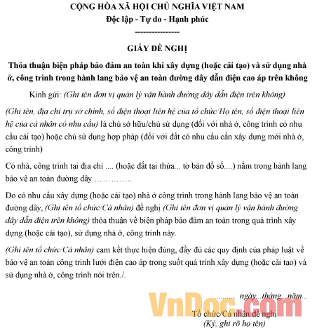 Mẫu giấy đề nghị về việc thỏa thuận biện pháp bảo đảm an toàn điện
