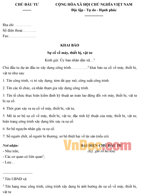 Mẫu giấy khai báo sự cố về máy, thiết bị, vật tư