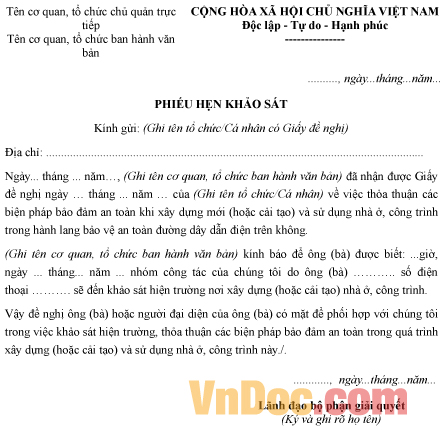 Mẫu phiếu hẹn khảo sát về việc an toàn điện