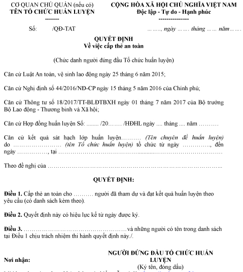 Mẫu quyết định về việc cấp thẻ an toàn