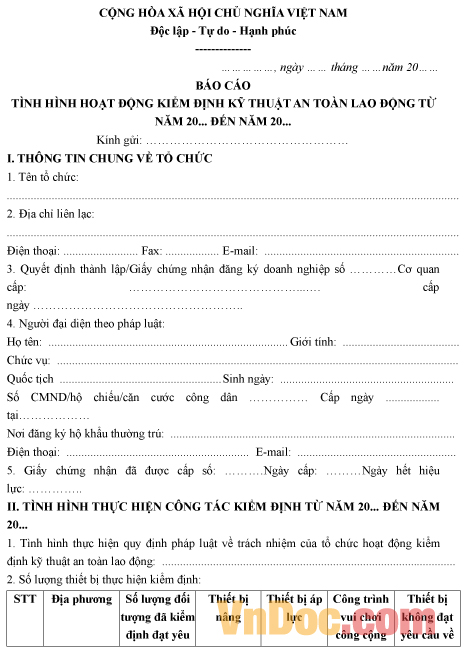 Mẫu báo cáo về tình hình hoạt động kiểm định kỹ thuật an toàn lao động