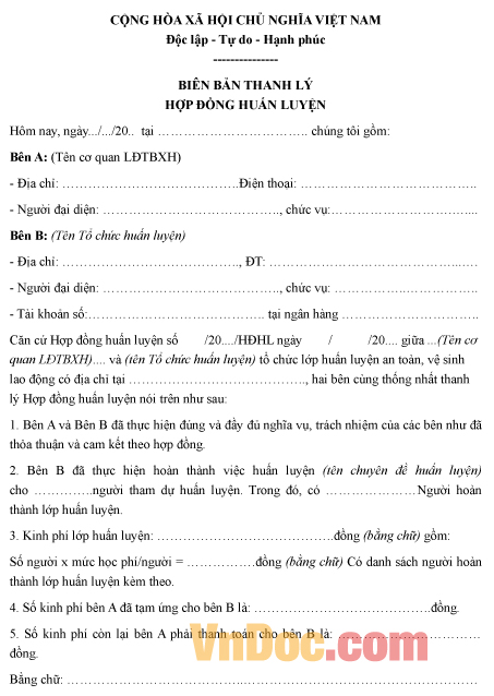 Mẫu biên bản thanh lý hợp đồng huấn luyện